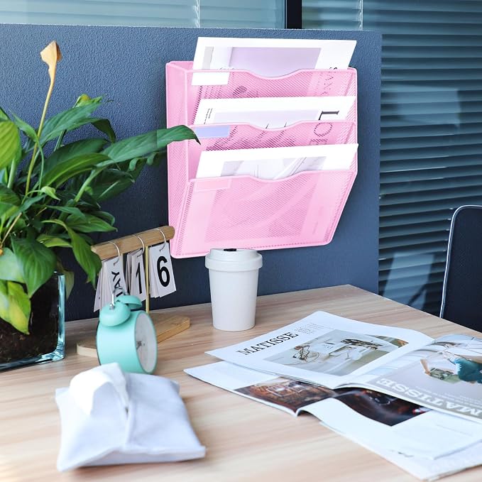 3 Pockets Mesh Wall File Holder Organizer Office Hanging File Folder Magazine - Image 7