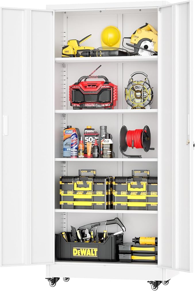 Greenvelly 73" Metal Storage Cabinet with Wheel and Pegboard, Lockable White Metal Garage Cabinets with 2 Doors and 4 Adjustable Shelves, Rolling Steel Tool Cabinet for Garage, Home Office, School-DeskLoop Office