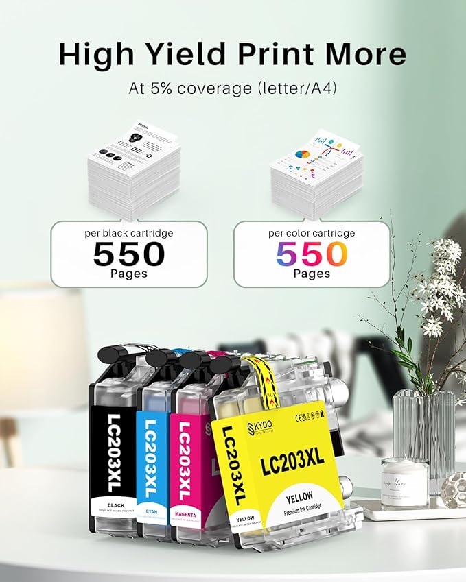 LC203XL Ink Cartridges 4 Pack Replacement for LC203 XL LC 203 Color Inks Use for MFC-J480DW MFC-J4420DW MFC-J880DW MFC-J885DW MFC-J680DW (BK/C/M/Y)-DeskLoop Office