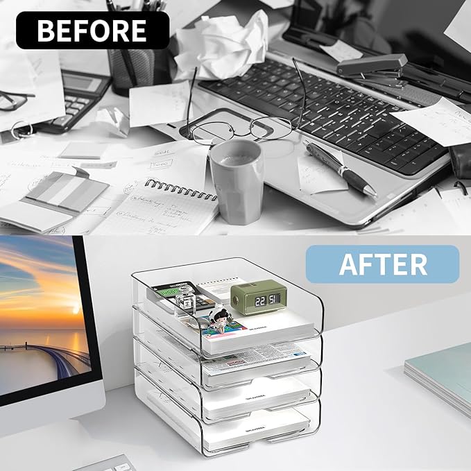 4-Tier Paper Organizer for Desk, Stackable Desk Organizer Paper Tray, Ideal for Office Supplies, A4 Storage (Clear, 4-Tier)-DeskLoop Office