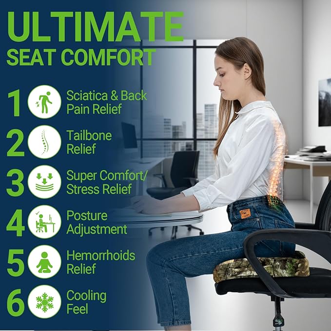 Gel Seat Cushion for Car Office - Memory Foam Pain Relief Chair Pillow Cushions - Tailbone Sciatica Coccyx Butt Lumbar Support Pad for Sitting Driving Traveling, Velvet, Mossy Oak-DeskLoop Office