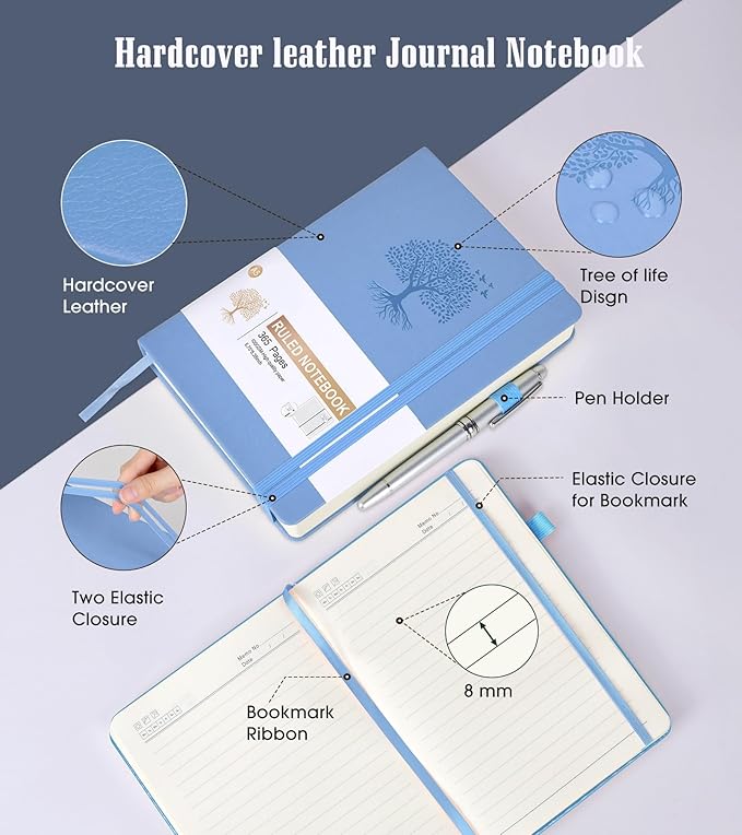 Lined Journal Notebook -365 Pages A5 Thick Journals for Writing College Ruled Notebook, Hardcover Leather Journal for Women Men, Daily Journal Notebook for Work, Note Taking, 100Gsm Lined Paper ( 5.75'' X 8.38'' Blue)-DeskLoop Office