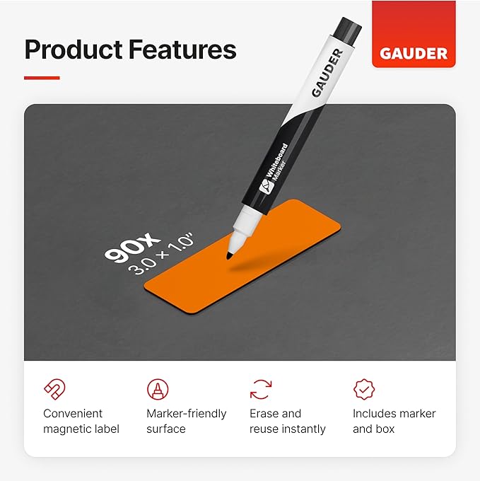 GAUDER Magnetic Dry Erase Labels | 90x Magnetic Labels (3 Inches x 1 Inch) | Dry Erase Magnets for Classroom, Whiteboard and Blackboard-DeskLoop Office