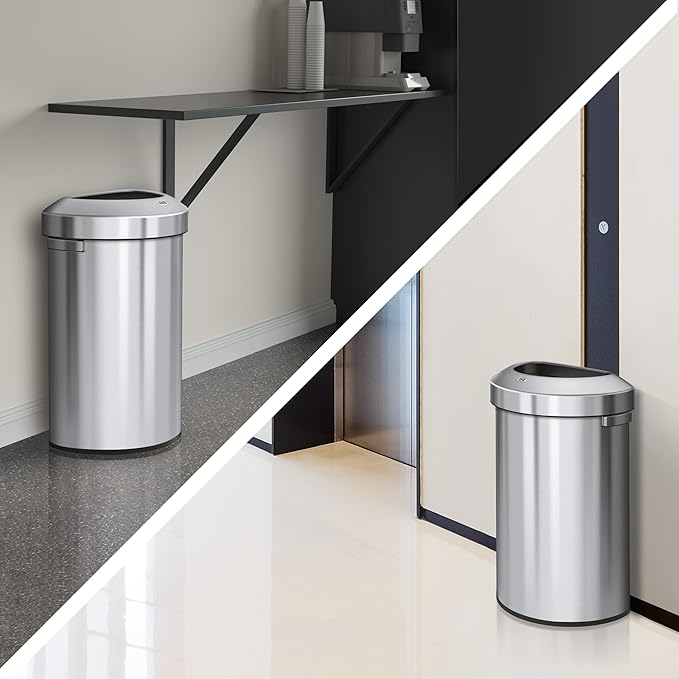 EKO Urban 16 Gallon Semi-Round Open Top Waste Bin, Stainless Steel Half Round Commercial Trash Can for Indoor and Outdoor, Extra Large Metal Garbage Bin for Home, Office, Restaurant, Restroom, 60L-DeskLoop Office