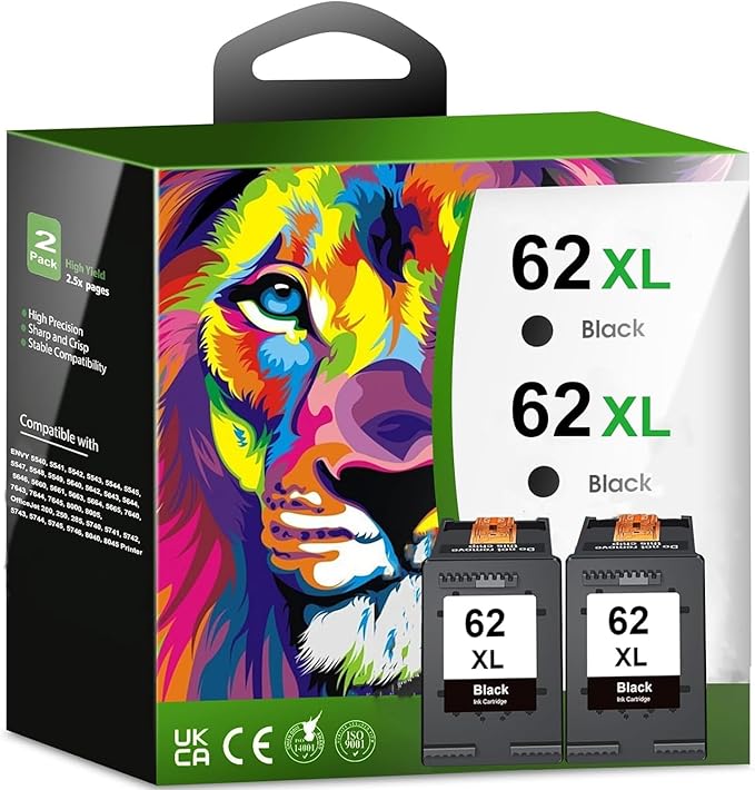 Printer Ink 62 XL 62XL Envy 7645 Black for HP 62 XL Ink Cartridge HP Ink 62 62XL Ink Cartridges Black HP62 HP62BK with Envy 5540 5544 5545 5642 5660 5664 7640 7645, OfficeJet 200 250 258-DeskLoop Office