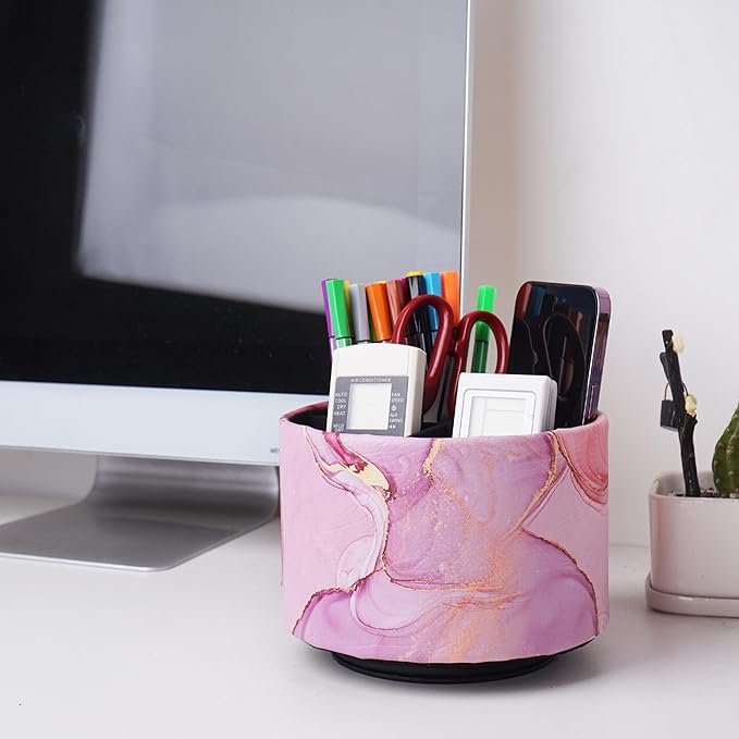 Round Leather Art Supply Organizer,Remote Control Holder,360-degree Rotating Pen Organizer with 4 Compartments(1-Pink Splash Ink)-DeskLoop Office