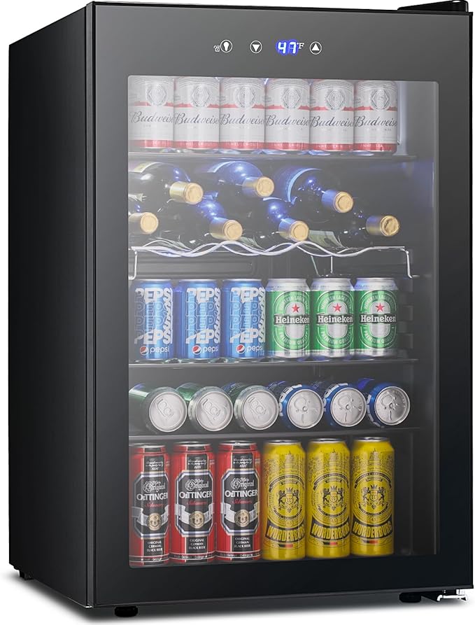 37 Bottle Wine Fridge,Freestanding 145 Can Beverage Refrigerator with Smart Temperature Control，4.5 CU FT Quiet Mini Fridge with Child Lock Panel for Family Restaurant Bar, Black-DeskLoop Office