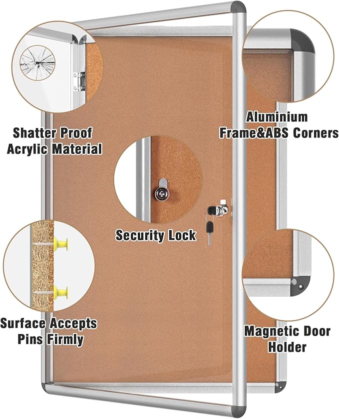 36"x24" Enclosed Bulletin Board, Lockable Weather-Resistant Aluminum Cork Noticeboard for School & Office, Silver Frame w/Cork-DeskLoop Office