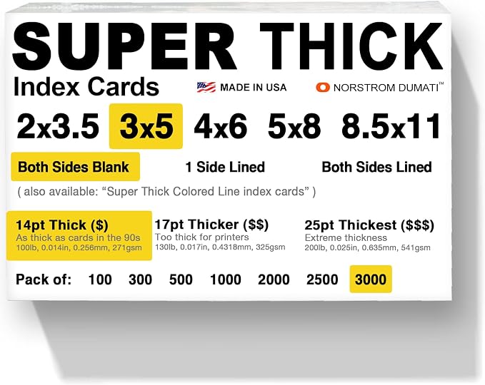 3, 000 SUPER THICK index cards / 3"x5" / 14pt 100lb / blank un-ruled/archival by Norstrom+Dumati