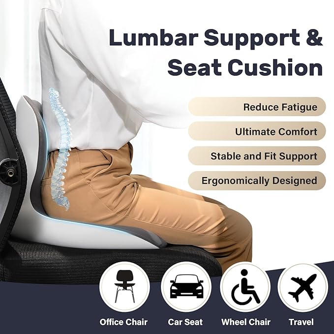 Coverado Seat Cushion and Lumbar Support Pillow One Piece for Car Office Chair, Ergonomic Memory Foam Desk Chair Cushion Back Support Pillow, Sciatica & Back & Tailbone Pain Relief Cushion-Gray-DeskLoop Office