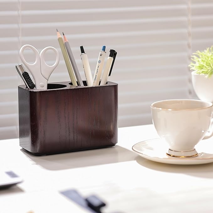 Oak Solid Wood Pen &Pencil Holder for Desk, Office Stationery Organizer, Table Pencil Cup Stand,Desk Accessories Holder, Two Cups Practical Design. (Espresso)-DeskLoop Office