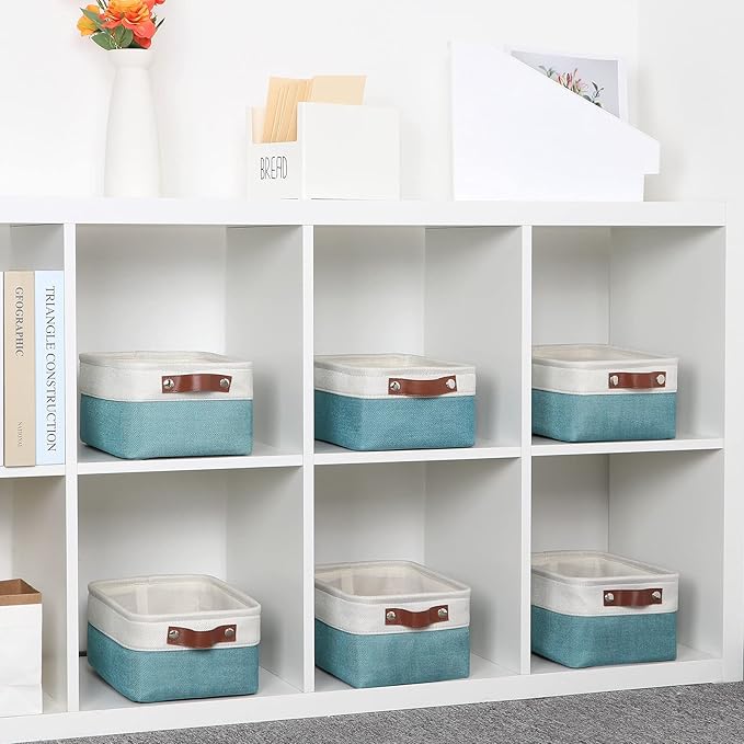 DULLEMELO Storage Baskets Bins for Organizing, Small Fabric Baskets for Shelves, Closets, Nursery, Home, Office, Empty Gift Baskets (6-Pack, White&Teal)-DeskLoop Office