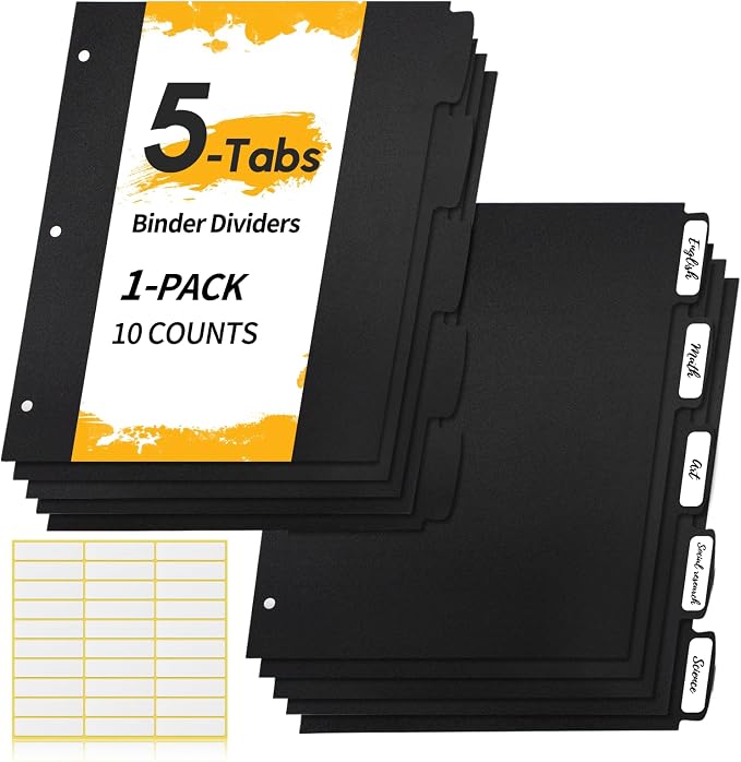 Insertable Dividers for 3 Ring Binders, 5 Tabs per Set, Big Tabs, Binder by KIOEEE