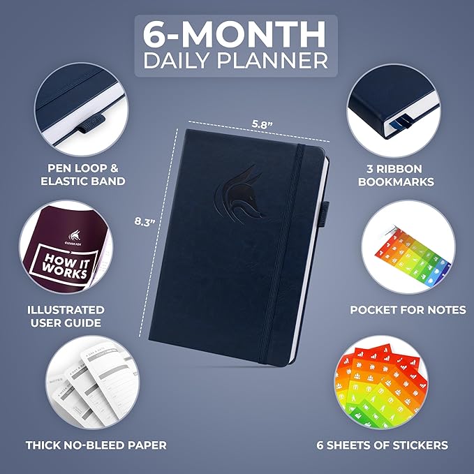 Clever Fox Daily Planner – Undated Planning Notebook with Hourly Schedule & To-Do List – Personal Day Task & Work Organizer, 6 Months (Dark Blue)-DeskLoop Office