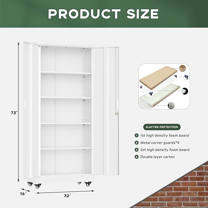 Greenvelly 73" Metal Storage Cabinet with Wheel and Pegboard, Lockable White Metal Garage Cabinets with 2 Doors and 4 Adjustable Shelves, Rolling Steel Tool Cabinet for Garage, Home Office, School-DeskLoop Office