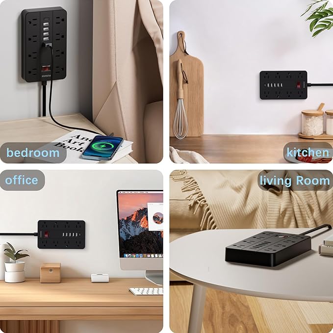 15 Ft Long Extension Cord Power Strip Surge Protector, HUNIAN Flat Plug with 8 Widely Spaced Outlets 6 USB, Wall Mount Charging Station for Home and Office, Black-DeskLoop Office