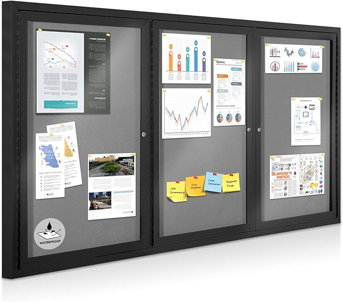 Enclosed Bulletin Board Outdoor Noticeboard with Locking Door, Weather-Resistant, Grey Felt, Black Aluminum Frame, 70 x 36 in-DeskLoop Office