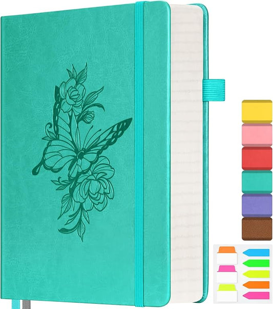 Lined Notebook Journal for Women Men, 312 Numbered Pages A5 Thick Leather Journal for Writing, Daily Journal for Work School, Hardcover College Ruled Notebook, Butterfly Floral Notebook, Peacock Blue-DeskLoop Office
