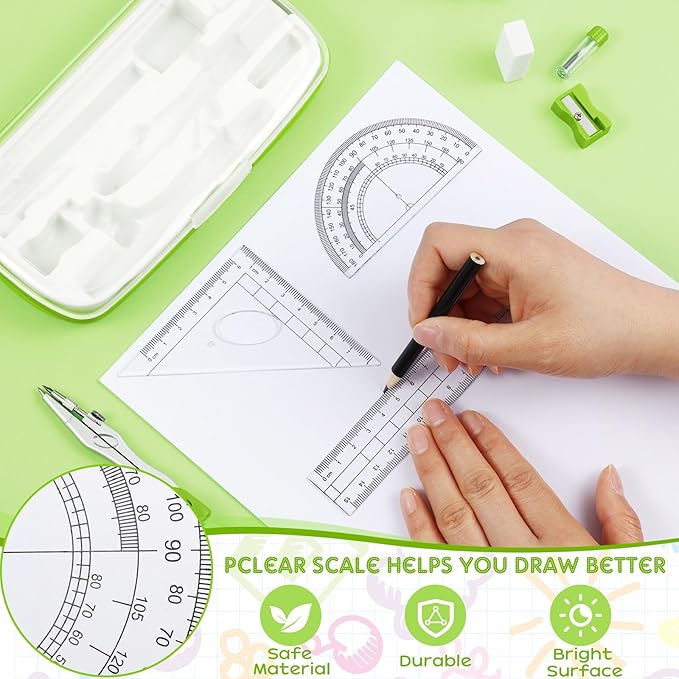 Teling 12 Sets Math Geometry Kit for Students 10 Pcs Compass Geometry Tools Set Includes Rulers Protractor Compass Eraser Pencil Sharpener Lead Refills Pencil (Green)