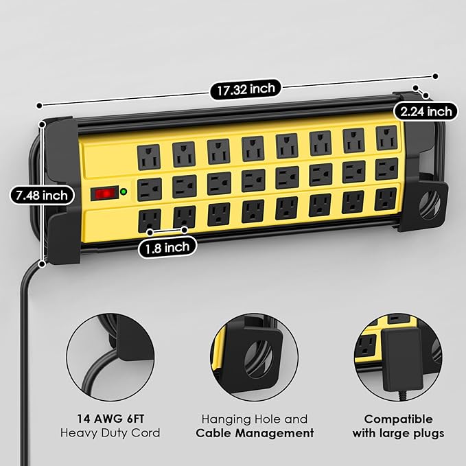 HHSOET Heavy Duty Power Strip with Surge Protection, Industrial Commercial Metal 24 Outlets Wall Mount for Garage Shop, 15 Amp, Switch, 6FT Extension Cord, Yellow.-DeskLoop Office
