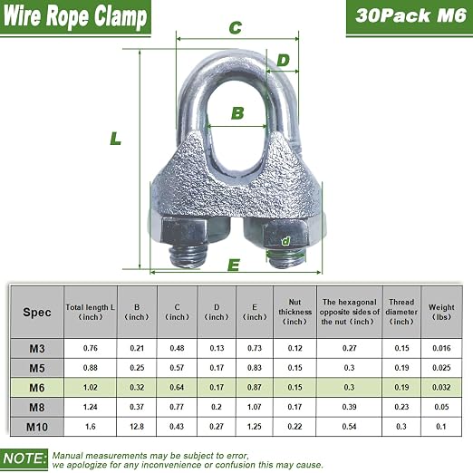 30PCS 1/4" Galvanized Zinc-Plated Wire Rope Cable Clamp Clips, M6 Wire Cable - Image 2