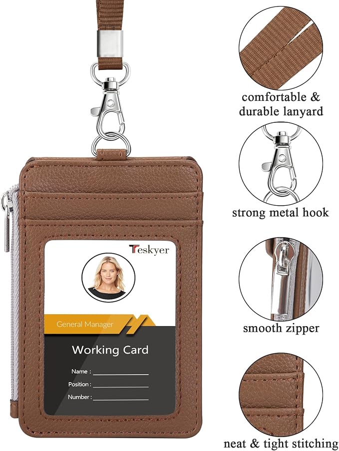 Teskyer ID Badge Holder with Lanyard, Lanyard Wallet, Lychee Coffee | 4-Card - Image 2