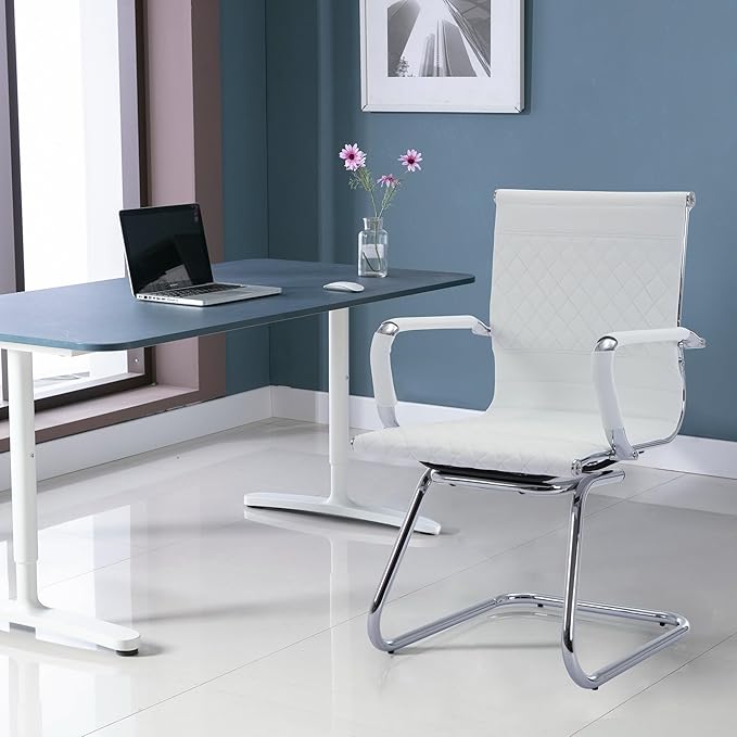 Office Guest Chairs - Set of 6 Modern PU Leather Desk Chairs for Reception, Waiting, and Conference Rooms - Mid Back, White-DeskLoop Office