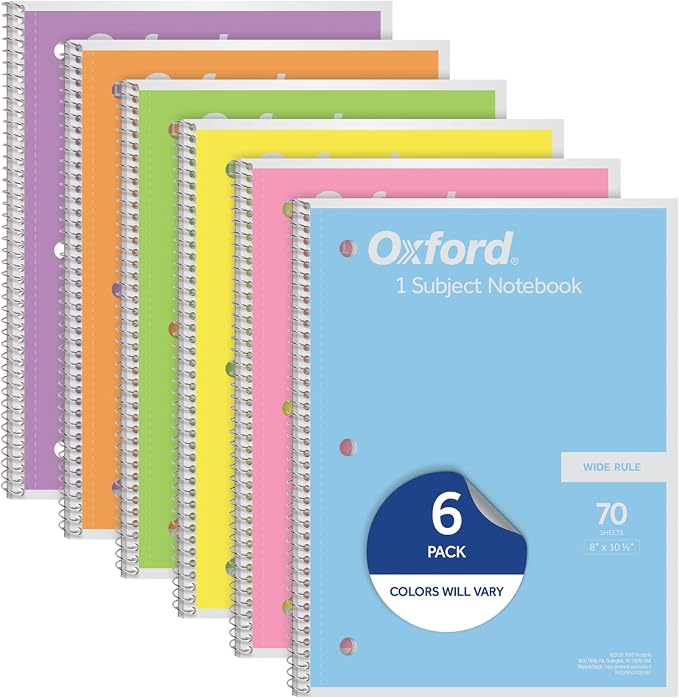 Oxford Spiral Notebooks, 6 Pack, 1 Subject, Wide Ruled Notebooks by Oxford