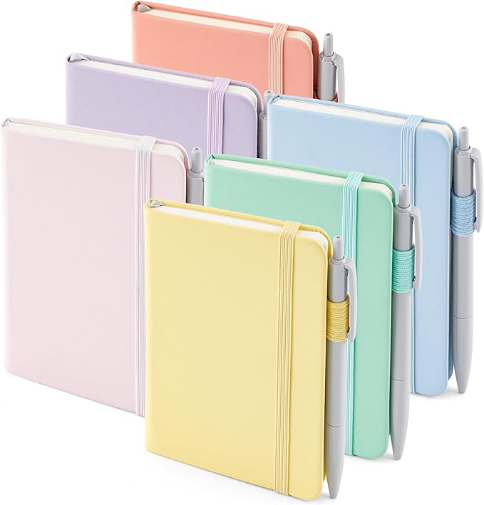 feela 6 Pack Pocket Small Notebooks Bulk, Mini Cute Memo Notepads Hardcover College Ruled Lined Journals with Pen Holder for Women Girls Office School, with 6 Black Pens, 3.5”x 5.5”, A6, Pastel Colors-DeskLoop Office