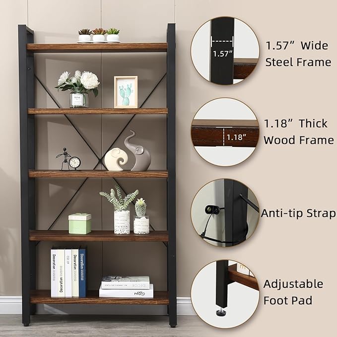 5 Tier Bookcase, Solid Wood Bookshelf Rustic Vintage Industrial Etagere Bookcase, Metal and Wood Free Vintage Bookshelf, Retro Brown (Real Wood) (5-Tiers)-DeskLoop Office