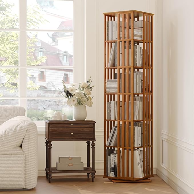 Rotating Bookshelf Tower, 360 Display Spinning Bookcase, Bamboo Bookshelf Floor Standing Storage Rack, Wood Narrow Book Shelf Organizer for Kids&Adults, Walnut 6 Tier-DeskLoop Office
