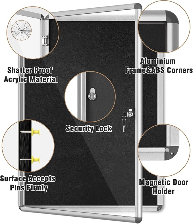 38"x28" Enclosed Bulletin Board, Lockable Weather-Resistant Aluminum Cork Noticeboard for School & Office, Silver Frame w/Black Flet-DeskLoop Office