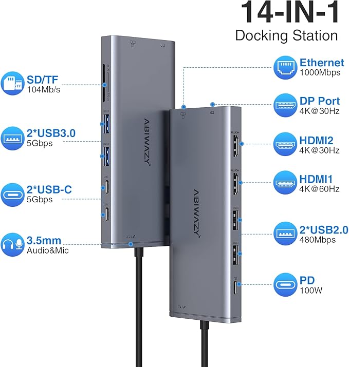 USB C Hub USB-C Docking Station Dual Monitor 14 in 1 Triple Display Multiport Adapter with 2 HDMI+DP+7 USB Type C/A Ports+Ethernet+Audio, USBC Dongle for Dell/HP/Lenovo ThinkPad/Surface(Grey)-DeskLoop Office