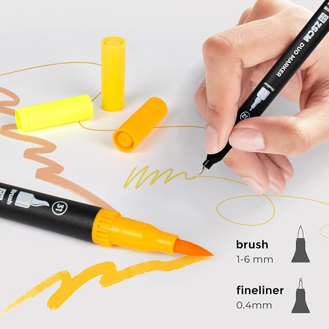 ZSCM Yellow Duo Tip Marker Pens, 12 Pack Fine & Brush Markers - Image 2