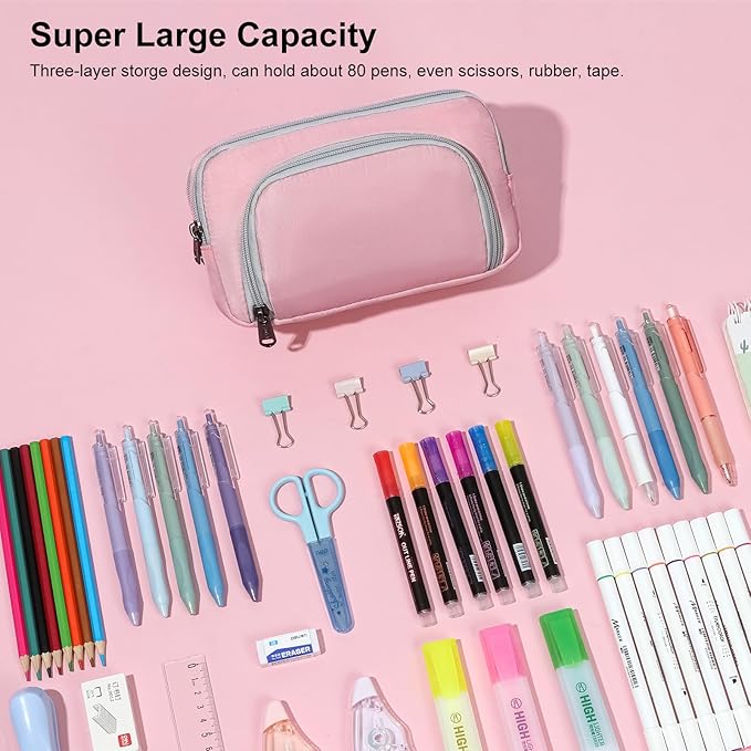 XQXA Pencil Pouch Cute Large Pencil Case Organizer, Multifunctional Big Capacity Pencil Pouch with 3 Compartmens, aesthetic school supplies Pencil Bag for Office Travel Men Women (01-Cherry Pink)-DeskLoop Office