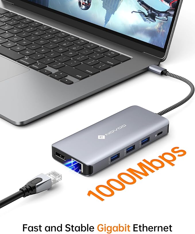 USB C Docking Station, NOVOO Triple Display Type C Hub Dual Monitor HDMI 4K@60Hz DP Multiport Adapter 4USB Ethernet SD/TF 100W PD Dongle Data for Dell/Surface/HP/Lenovo Thinkpad Laptop-DeskLoop Office