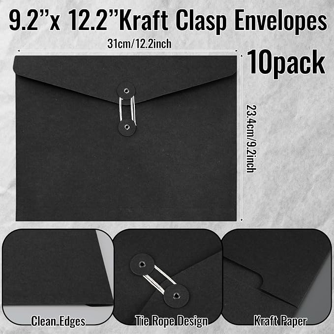 Feifeiya 10 Pack Kraft String Envelope File Folder Brown A4 Letter Size Black - Image 2