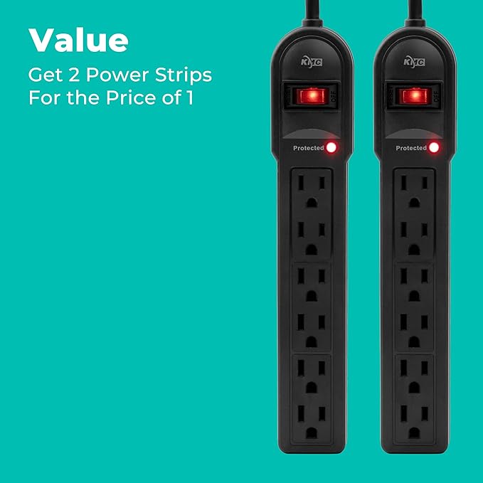 KMC 6-Outlet Surge Protector Power Strip 2-Pack, 900 Joules, 4-Foot Extension Cord, Overload Protection, Black-DeskLoop Office
