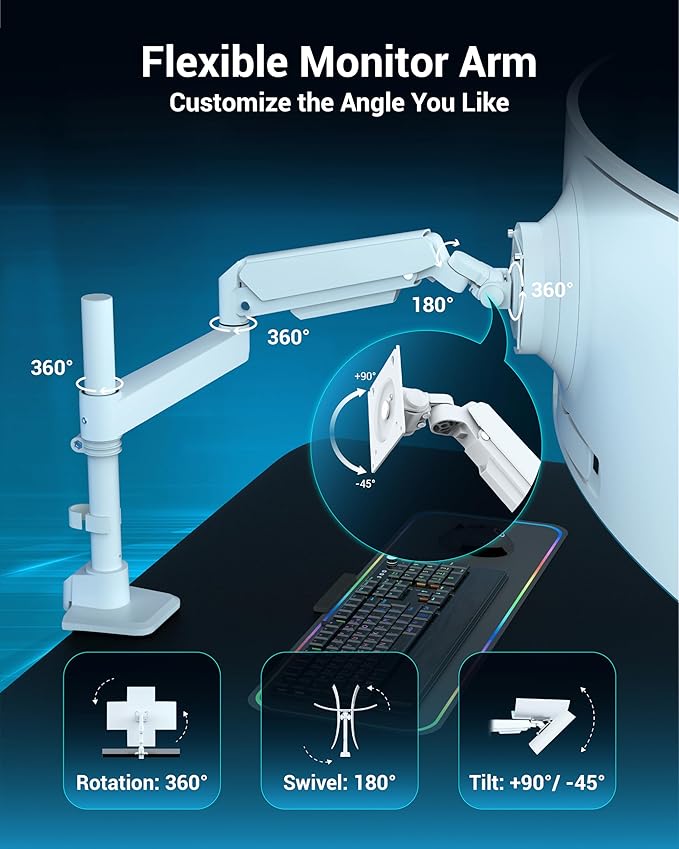 Heavy Duty Monitor Arm for 13-49 Inch Ultrawide Screens, Holds Up to 44lbs, Fully Adjustable Single Monitor Mount, with Clamp & Grommet Base, 75/100mm VESA Desk Mount, White-DeskLoop Office