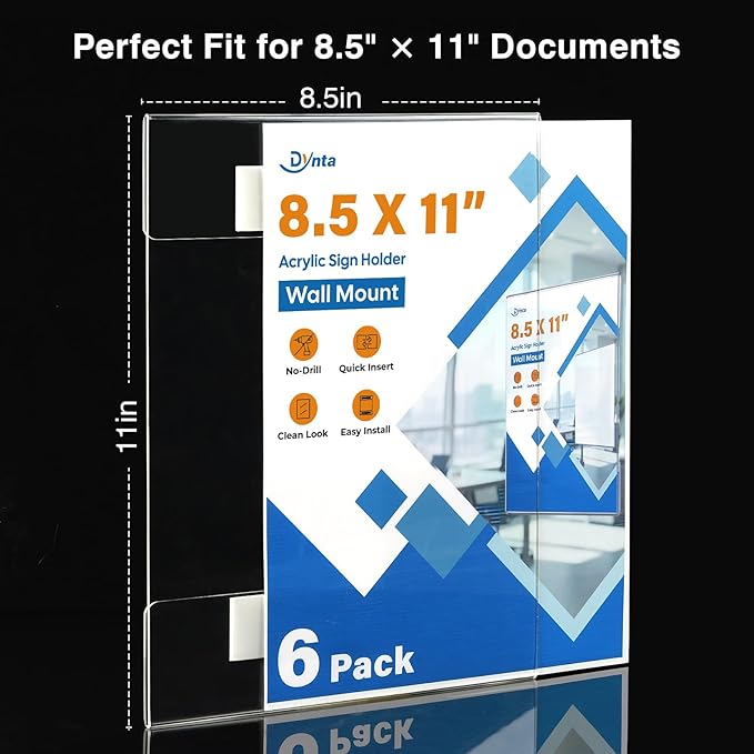Dynta 6 Pack Acrylic Sign Holder 8.5 x 11 Wall Mount, Vertical Fly Holder - Image 2