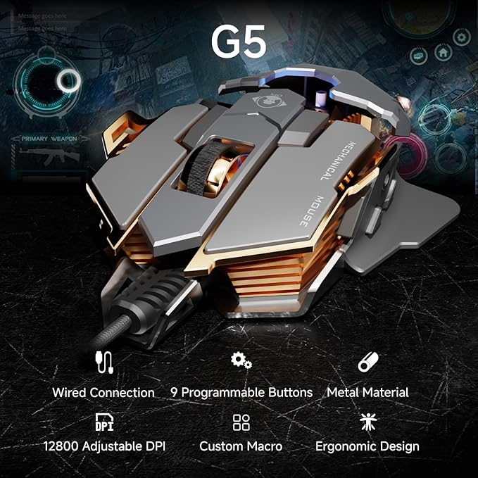 EWEADN G5 Wired Gaming Mouse, Ergonomic RGB Computer Mouse, 12800 Adjustable DPI, 9 Programmable Macro Buttons with Rapid Fire Key Compatible for PC/Laptop/Windows-Grey-DeskLoop Office