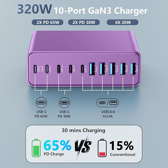 320W USB C Charger Block, 10-Port USB C Charging Station GaN III PD 65W Laptop Fast Charger Adapter for MacBook Pro/Air, DELL, iPad, iPhone, Samsung Galaxy (Purple)-DeskLoop Office