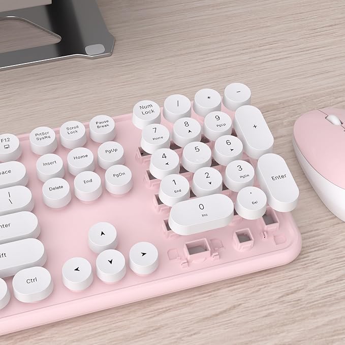 UBOTIE Colorful Computer Wireless Keyboard Mouse Combos, Typewriter Flexible Keys Office Full-Sized Keyboard, 2.4GHz Dropout-Free Connection and Optical Mouse (Pink-White)-DeskLoop Office