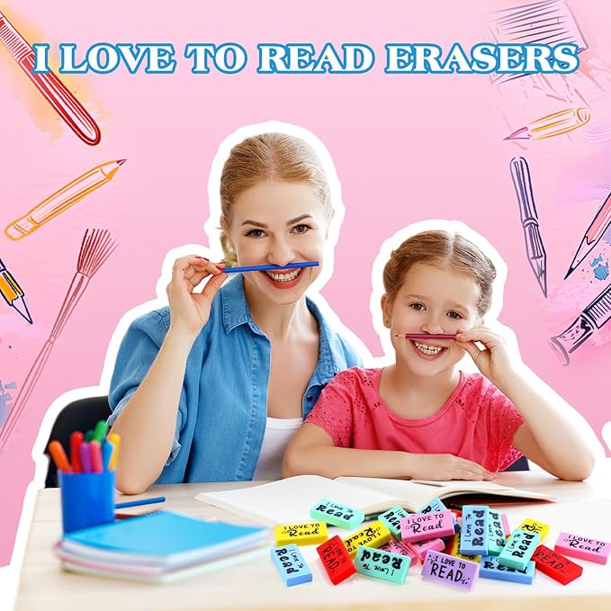 300 Pcs Inspirational Erasers for Kids Back to School Gifts I Love to Read Small Colorful Pencil Erasers for Students Classroom Cute Motivational Gift for Drawing School Office Supplies-DeskLoop Office