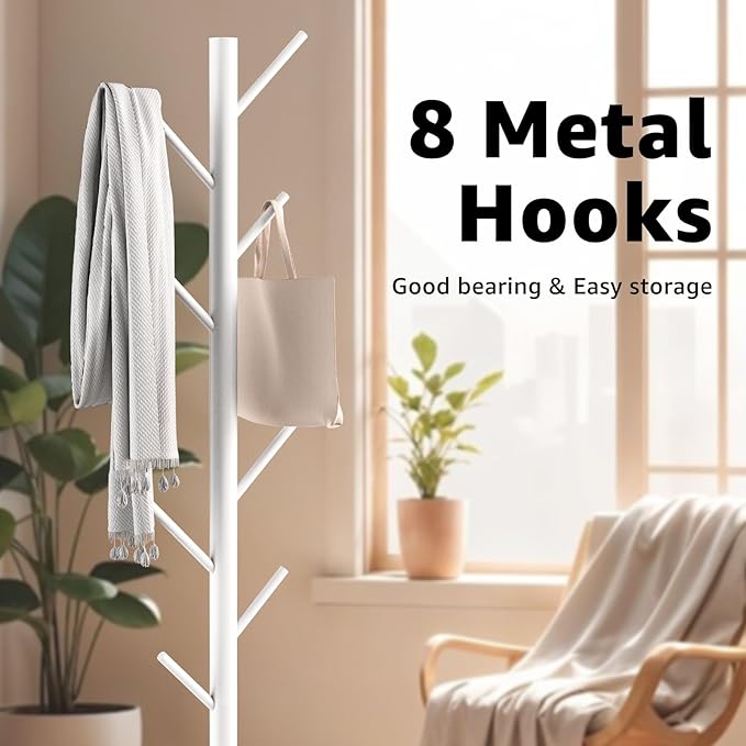 Coat Rack with Natural Marble Base, Metal Freestanding Coat Rack with 8 Hooks, 3 Adjustable Size Sturdy Coat Tree for Bags, Coats, and Hats for Entryway, Hallway, Bedroom, Office, White-DeskLoop Office