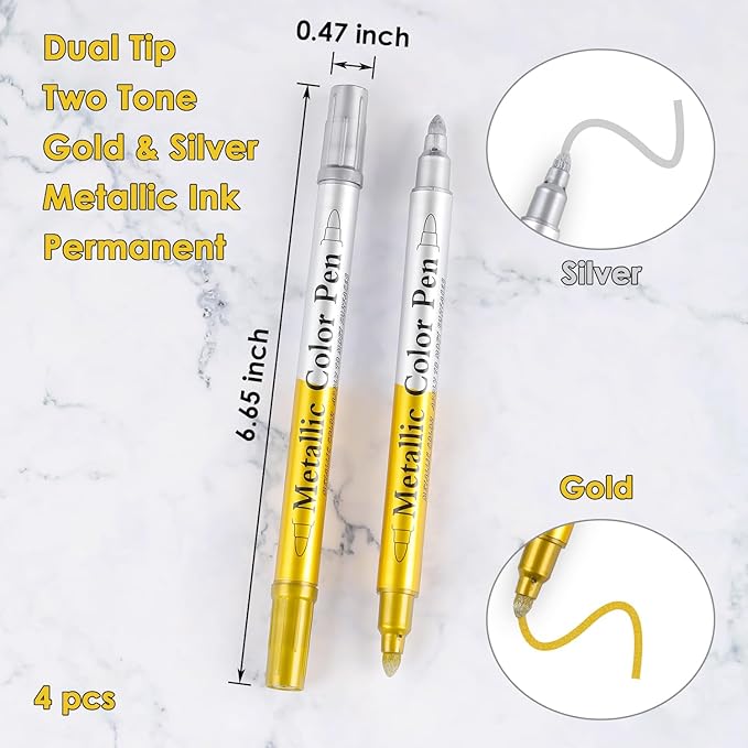 Dyvicl Metallic Marker Pens Dual Tip, Permanent Metallic Silver and Gold Paint Pens for Black Paper, Wine Glass, Rock Painting, Christmas Card Making, Scrapbook, DIY Art Crafts, Set of 4-DeskLoop Office