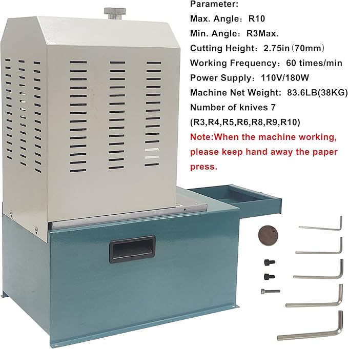 Electric Corner Rounder Desktop Paper Corner Rounding Cutter with Paper Drawer Foot Pedal Switch Semi-Automatic Book Fillet Cutter Machine Cutting Angle R3-R10 7PCS Cutting Dies 110V-DeskLoop Office