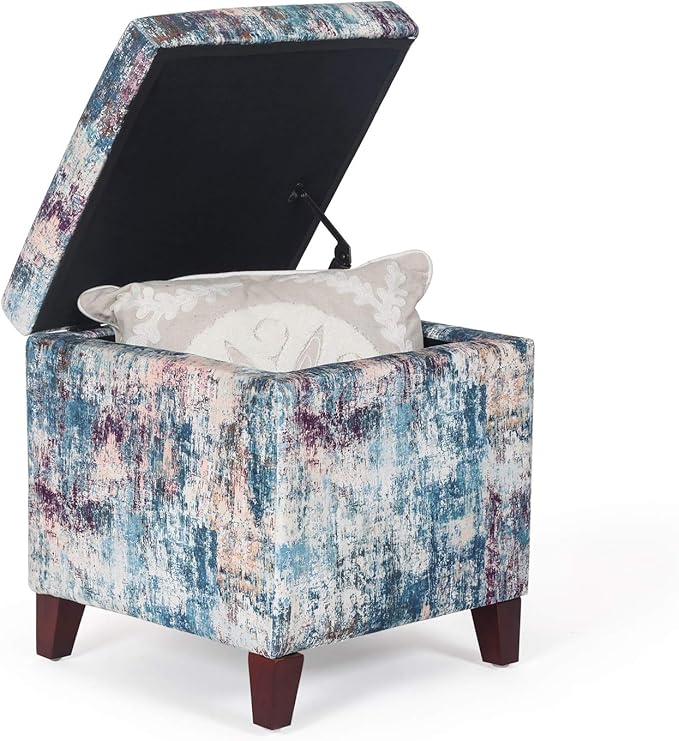Adeco 18 Inch High Cube Ottoman Storage, Linen Chair Foot Stools, Upholstered Vanity Stool with Hinged Lid, Solid Wood Legs-DeskLoop Office