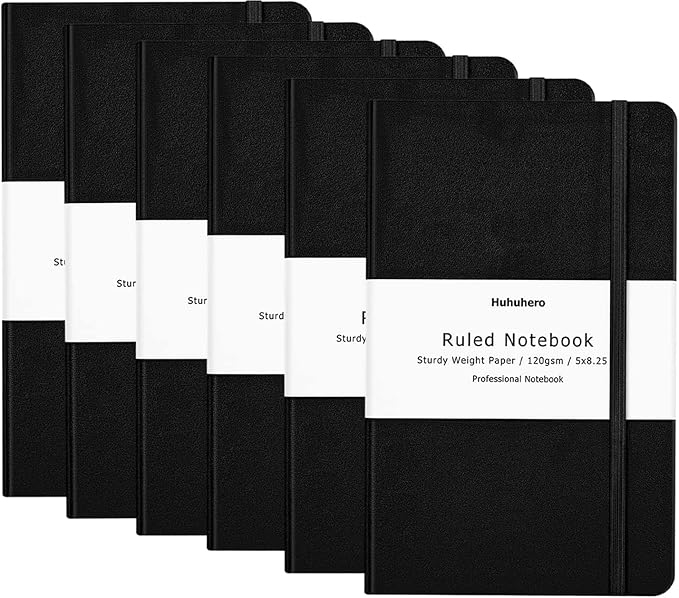 Huhuhero Notebooks Journal, Ruled Notebook, Premium Thick Paper Lined Journal, Black Hardcover Notebook for Office Home School Business Writing Note Taking Journaling, 5"×8.25" (6, Black)-DeskLoop Office