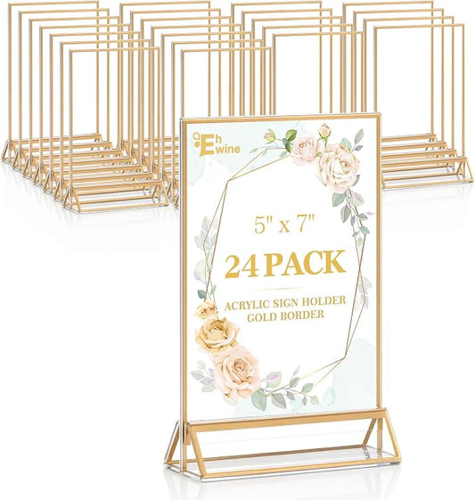 EHWINE 24 Pack Acrylic Sign Holder 5 x 7, Double Sided Gold Picture Frame Stand by EHWINE